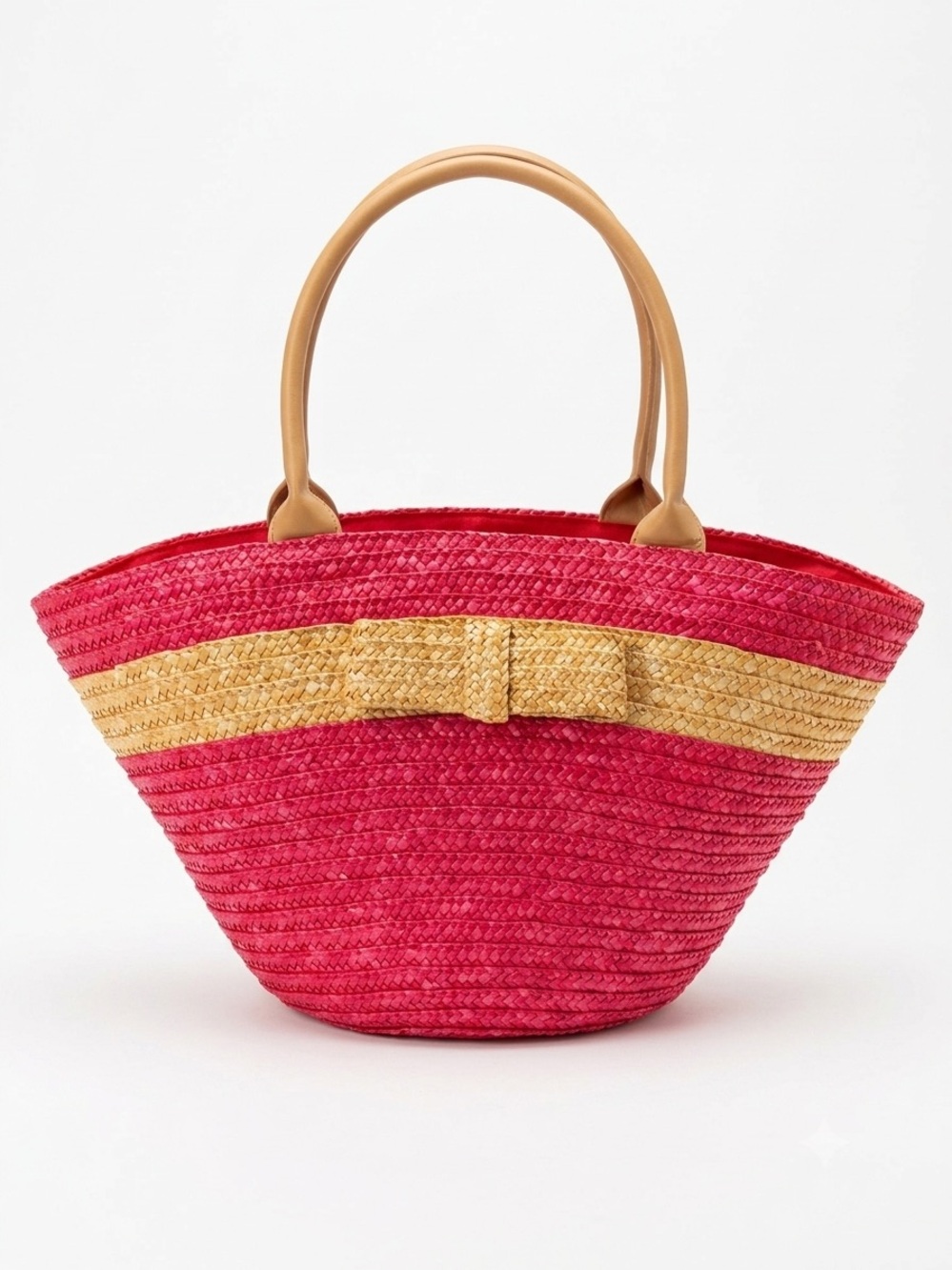 Pink Straw Tote with Tan Trim and Bow